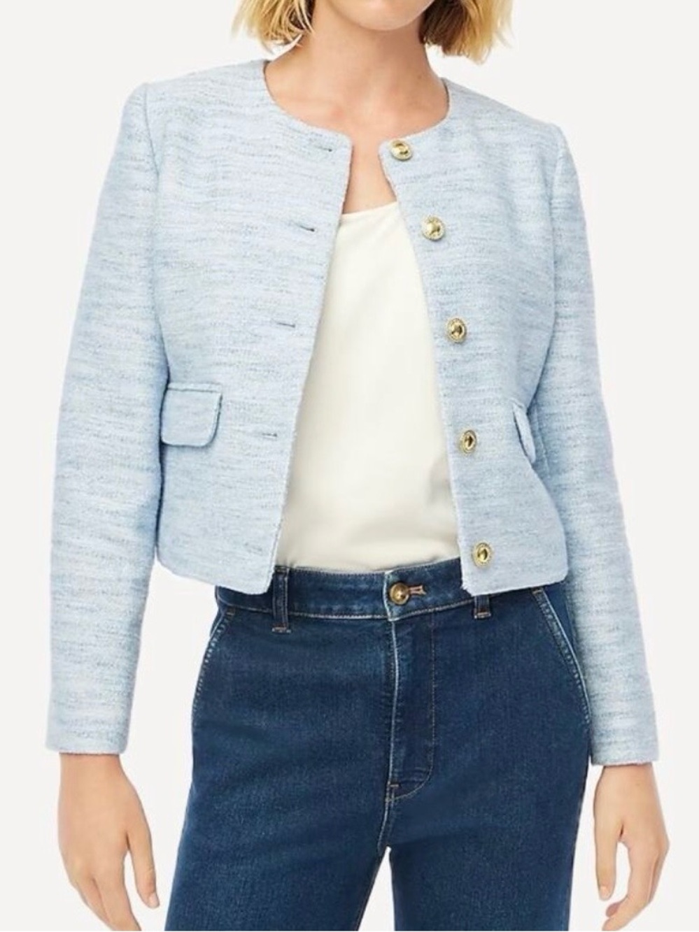 NWT J.Crew Tweed Lady Jacket Boucle Blazer Light Blue Gold Buttons Size 20 Plus